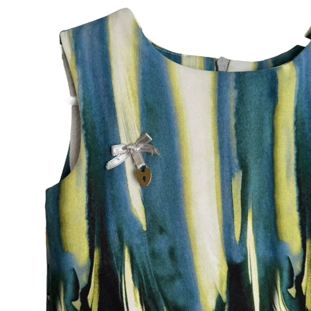 Carlucci Kids Sleeveless Feather Print Dress Girl Size 3T Gray Blue Formal Lined
